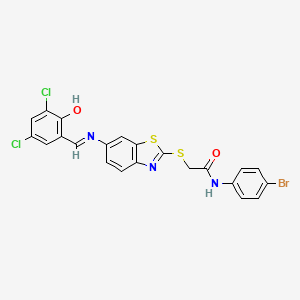 molecular formula C22H14BrCl2N3O2S2 B11533690 N-(4-bromophenyl)-2-[(6-{[(E)-(3,5-dichloro-2-hydroxyphenyl)methylidene]amino}-1,3-benzothiazol-2-yl)sulfanyl]acetamide 