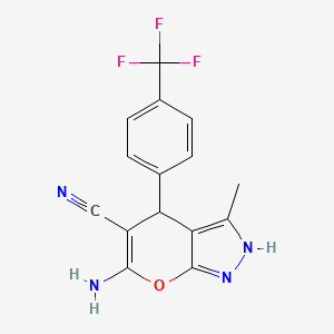 molecular formula C15H11F3N4O B11533707 6-Amino-3-methyl-4-[4-(trifluoromethyl)phenyl]-1,4-dihydropyrano[2,3-c]pyrazole-5-carbonitrile 