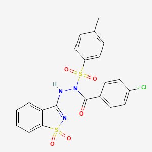 molecular formula C21H16ClN3O5S2 B11533796 4-chloro-N'-(1,1-dioxido-1,2-benzothiazol-3-yl)-N-[(4-methylphenyl)sulfonyl]benzohydrazide 