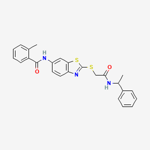 molecular formula C25H23N3O2S2 B11533871 2-methyl-N-[2-({2-oxo-2-[(1-phenylethyl)amino]ethyl}sulfanyl)-1,3-benzothiazol-6-yl]benzamide 