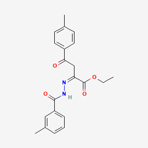 molecular formula C21H22N2O4 B11533899 Butanoic acid, 4-(4-methylphenyl)-4-oxo-2-(3-methylbenzoylhydrazono)-, ethyl ester 