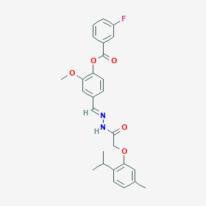 molecular formula C27H27FN2O5 B11533940 2-methoxy-4-[(E)-(2-{[5-methyl-2-(propan-2-yl)phenoxy]acetyl}hydrazinylidene)methyl]phenyl 3-fluorobenzoate 