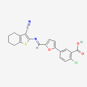 molecular formula C21H15ClN2O3S B11534131 2-Chloro-5-{5-[(E)-[(3-cyano-4,5,6,7-tetrahydro-1-benzothiophen-2-YL)imino]methyl]furan-2-YL}benzoic acid 