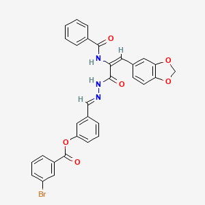 molecular formula C31H22BrN3O6 B11534154 3-[(E)-(2-{(2E)-3-(1,3-benzodioxol-5-yl)-2-[(phenylcarbonyl)amino]prop-2-enoyl}hydrazinylidene)methyl]phenyl 3-bromobenzoate 