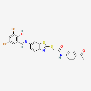 molecular formula C24H17Br2N3O3S2 B11534158 N-(4-acetylphenyl)-2-[(6-{[(E)-(3,5-dibromo-2-hydroxyphenyl)methylidene]amino}-1,3-benzothiazol-2-yl)sulfanyl]acetamide 