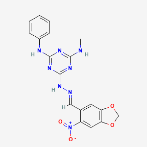 N-methyl-6-{(2E)-2-[(6-nitro-1,3-benzodioxol-5-yl)methylidene]hydrazinyl}-N'-phenyl-1,3,5-triazine-2,4-diamine