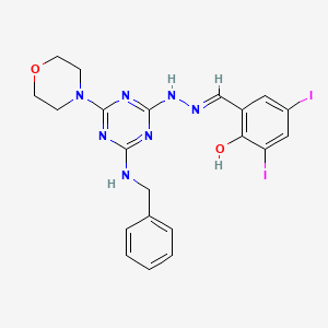 molecular formula C21H21I2N7O2 B11534557 2-[(E)-{2-[4-(benzylamino)-6-(morpholin-4-yl)-1,3,5-triazin-2-yl]hydrazinylidene}methyl]-4,6-diiodophenol 