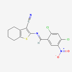 molecular formula C16H11Cl2N3O2S B11534586 2-{[(E)-(2,4-dichloro-5-nitrophenyl)methylidene]amino}-4,5,6,7-tetrahydro-1-benzothiophene-3-carbonitrile 