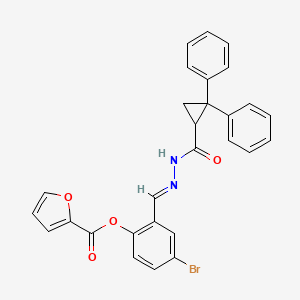 molecular formula C28H21BrN2O4 B11534612 4-bromo-2-[(E)-{2-[(2,2-diphenylcyclopropyl)carbonyl]hydrazinylidene}methyl]phenyl furan-2-carboxylate 