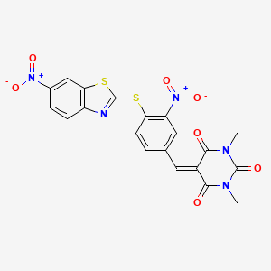 molecular formula C20H13N5O7S2 B11534649 1,3-Dimethyl-5-({3-nitro-4-[(6-nitro-1,3-benzothiazol-2-YL)sulfanyl]phenyl}methylidene)-1,3-diazinane-2,4,6-trione 