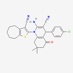 molecular formula C28H27ClN4OS B11534688 2-amino-4-(4-chlorophenyl)-1-(3-cyano-5,6,7,8-tetrahydro-4H-cyclohepta[b]thiophen-2-yl)-7,7-dimethyl-5-oxo-1,4,5,6,7,8-hexahydroquinoline-3-carbonitrile 