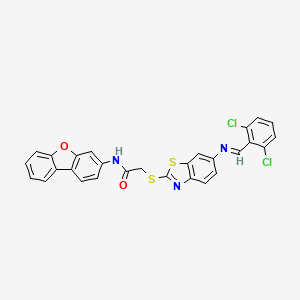 molecular formula C28H17Cl2N3O2S2 B11534753 N-(Dibenzo[B,D]furan-3-YL)-2-[(6-{[(E)-(2,6-dichlorophenyl)methylene]amino}-1,3-benzothiazol-2-YL)sulfanyl]acetamide 