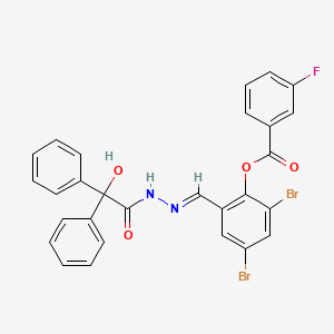 molecular formula C28H19Br2FN2O4 B11534789 2,4-dibromo-6-[(E)-{2-[hydroxy(diphenyl)acetyl]hydrazinylidene}methyl]phenyl 3-fluorobenzoate 