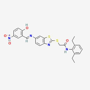 N-(2,6-diethylphenyl)-2-[(6-{[(E)-(2-hydroxy-5-nitrophenyl)methylidene]amino}-1,3-benzothiazol-2-yl)sulfanyl]acetamide