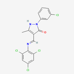 molecular formula C17H11Cl4N3O B11535033 (4Z)-2-(3-chlorophenyl)-5-methyl-4-{[(2,4,6-trichlorophenyl)amino]methylidene}-2,4-dihydro-3H-pyrazol-3-one 