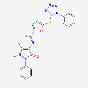 molecular formula C23H19N7O2S B11535053 1,5-dimethyl-2-phenyl-4-{[(E)-{5-[(1-phenyl-1H-tetrazol-5-yl)sulfanyl]furan-2-yl}methylidene]amino}-1,2-dihydro-3H-pyrazol-3-one 