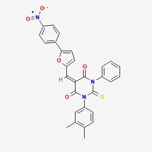 molecular formula C29H21N3O5S B11535286 (5E)-1-(3,4-dimethylphenyl)-5-{[5-(4-nitrophenyl)furan-2-yl]methylidene}-3-phenyl-2-thioxodihydropyrimidine-4,6(1H,5H)-dione 