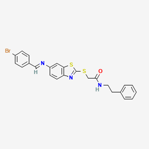 molecular formula C24H20BrN3OS2 B11535525 2-({6-[(E)-[(4-Bromophenyl)methylidene]amino]-1,3-benzothiazol-2-YL}sulfanyl)-N-(2-phenylethyl)acetamide 