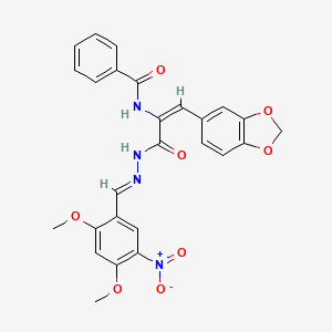 molecular formula C26H22N4O8 B11535772 N-{(1E)-1-(1,3-benzodioxol-5-yl)-3-[(2E)-2-(2,4-dimethoxy-5-nitrobenzylidene)hydrazinyl]-3-oxoprop-1-en-2-yl}benzamide 