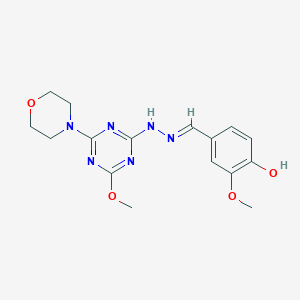 molecular formula C16H20N6O4 B11535846 2-methoxy-4-[(E)-{2-[4-methoxy-6-(morpholin-4-yl)-1,3,5-triazin-2-yl]hydrazinylidene}methyl]phenol 