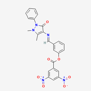 molecular formula C25H19N5O7 B11536298 3-[(E)-[(1,5-Dimethyl-3-oxo-2-phenyl-2,3-dihydro-1H-pyrazol-4-YL)imino]methyl]phenyl 3,5-dinitrobenzoate 