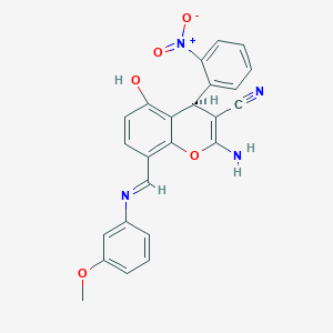 (4R)-2-amino-5-hydroxy-8-{(Z)-[(3-methoxyphenyl)imino]methyl}-4-(2-nitrophenyl)-4H-chromene-3-carbonitrile