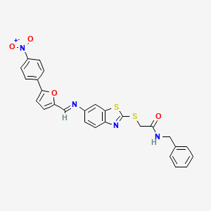 molecular formula C27H20N4O4S2 B11536545 N-benzyl-2-{[6-({(E)-[5-(4-nitrophenyl)furan-2-yl]methylidene}amino)-1,3-benzothiazol-2-yl]sulfanyl}acetamide 