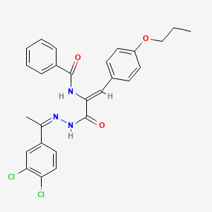 N-[(1Z)-3-{(2Z)-2-[1-(3,4-dichlorophenyl)ethylidene]hydrazinyl}-3-oxo-1-(4-propoxyphenyl)prop-1-en-2-yl]benzamide