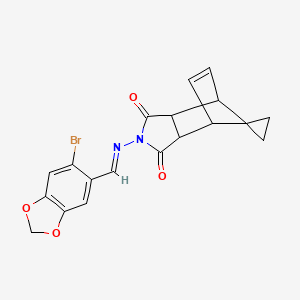 2-{[(E)-(6-bromo-1,3-benzodioxol-5-yl)methylidene]amino}-3a,4,7,7a-tetrahydro-1H-spiro[2-aza-4,7-methanoisoindole-8,1'-cyclopropane]-1,3(2H)-dione