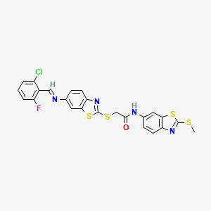 molecular formula C24H16ClFN4OS4 B11536737 2-[(6-{[(E)-(2-chloro-6-fluorophenyl)methylidene]amino}-1,3-benzothiazol-2-yl)sulfanyl]-N-[2-(methylsulfanyl)-1,3-benzothiazol-6-yl]acetamide 