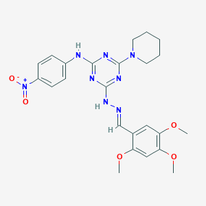 molecular formula C24H28N8O5 B11536740 N-(4-nitrophenyl)-4-(piperidin-1-yl)-6-[(2E)-2-(2,4,5-trimethoxybenzylidene)hydrazinyl]-1,3,5-triazin-2-amine 