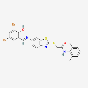 molecular formula C24H19Br2N3O2S2 B11536857 2-[(6-{[(E)-(3,5-dibromo-2-hydroxyphenyl)methylidene]amino}-1,3-benzothiazol-2-yl)sulfanyl]-N-(2,6-dimethylphenyl)acetamide 