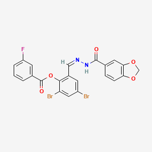 molecular formula C22H13Br2FN2O5 B11536989 2-{(Z)-[2-(1,3-benzodioxol-5-ylcarbonyl)hydrazinylidene]methyl}-4,6-dibromophenyl 3-fluorobenzoate 