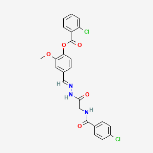 molecular formula C24H19Cl2N3O5 B11537176 4-[(E)-({[(4-chlorobenzoyl)amino]acetyl}hydrazono)methyl]-2-methoxyphenyl 2-chlorobenzoate 