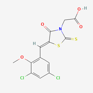 molecular formula C13H9Cl2NO4S2 B11537189 2-[(5Z)-5-[(3,5-dichloro-2-methoxyphenyl)methylidene]-4-oxo-2-sulfanylidene-1,3-thiazolidin-3-yl]acetic acid 