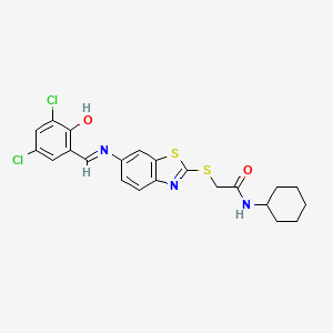 N-cyclohexyl-2-[(6-{[(E)-(3,5-dichloro-2-hydroxyphenyl)methylidene]amino}-1,3-benzothiazol-2-yl)sulfanyl]acetamide