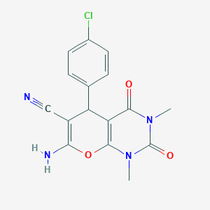 molecular formula C16H13ClN4O3 B11537385 7-amino-5-(4-chlorophenyl)-1,3-dimethyl-2,4-dioxo-1,3,4,5-tetrahydro-2H-pyrano[2,3-d]pyrimidine-6-carbonitrile 