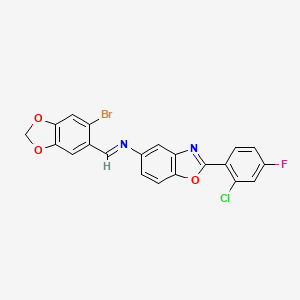 molecular formula C21H11BrClFN2O3 B11537418 N-[(E)-(6-bromo-1,3-benzodioxol-5-yl)methylidene]-2-(2-chloro-4-fluorophenyl)-1,3-benzoxazol-5-amine 