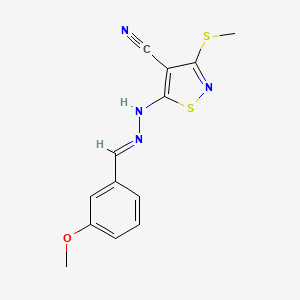 molecular formula C13H12N4OS2 B11537425 5-[(2E)-2-(3-methoxybenzylidene)hydrazinyl]-3-(methylsulfanyl)-1,2-thiazole-4-carbonitrile 