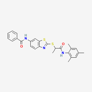 molecular formula C26H25N3O2S2 B11537576 N-[2-({1-oxo-1-[(2,4,6-trimethylphenyl)amino]propan-2-yl}sulfanyl)-1,3-benzothiazol-6-yl]benzamide 