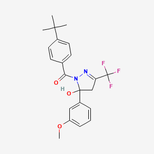 molecular formula C22H23F3N2O3 B11537753 (4-tert-butylphenyl)[5-hydroxy-5-(3-methoxyphenyl)-3-(trifluoromethyl)-4,5-dihydro-1H-pyrazol-1-yl]methanone 