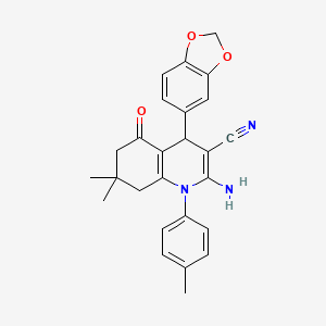 molecular formula C26H25N3O3 B11537766 2-Amino-4-(1,3-benzodioxol-5-yl)-7,7-dimethyl-1-(4-methylphenyl)-5-oxo-1,4,5,6,7,8-hexahydroquinoline-3-carbonitrile 