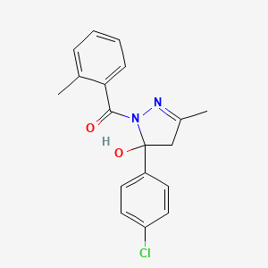 molecular formula C18H17ClN2O2 B11537796 [5-(4-chlorophenyl)-5-hydroxy-3-methyl-4,5-dihydro-1H-pyrazol-1-yl](2-methylphenyl)methanone 