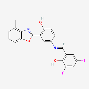 molecular formula C21H14I2N2O3 B11538327 2-[(E)-{[4-hydroxy-3-(4-methyl-1,3-benzoxazol-2-yl)phenyl]imino}methyl]-4,6-diiodophenol 