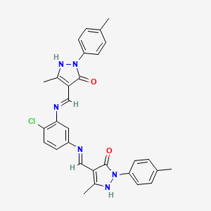 molecular formula C30H27ClN6O2 B11538338 (4Z,4'Z)-4,4'-{(4-chlorobenzene-1,3-diyl)bis[imino(Z)methylylidene]}bis[5-methyl-2-(4-methylphenyl)-2,4-dihydro-3H-pyrazol-3-one] 