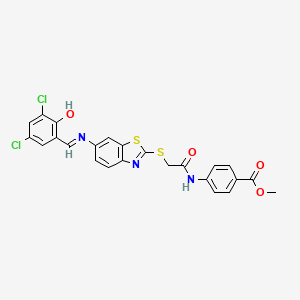 methyl 4-({[(6-{[(E)-(3,5-dichloro-2-hydroxyphenyl)methylidene]amino}-1,3-benzothiazol-2-yl)sulfanyl]acetyl}amino)benzoate