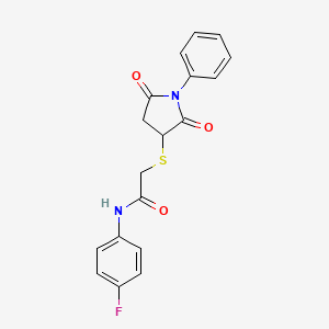 molecular formula C18H15FN2O3S B11538423 2-[(2,5-dioxo-1-phenylpyrrolidin-3-yl)sulfanyl]-N-(4-fluorophenyl)acetamide 