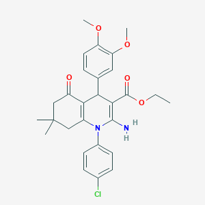 molecular formula C28H31ClN2O5 B11538645 Ethyl 2-amino-1-(4-chlorophenyl)-4-(3,4-dimethoxyphenyl)-7,7-dimethyl-5-oxo-1,4,5,6,7,8-hexahydroquinoline-3-carboxylate 