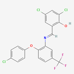 2,4-dichloro-6-[(E)-{[2-(4-chlorophenoxy)-5-(trifluoromethyl)phenyl]imino}methyl]phenol