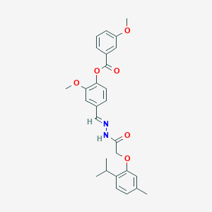 molecular formula C28H30N2O6 B11538743 2-methoxy-4-[(E)-(2-{[5-methyl-2-(propan-2-yl)phenoxy]acetyl}hydrazinylidene)methyl]phenyl 3-methoxybenzoate 